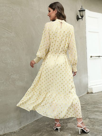 Wholesale Polka Dot Lace Up Elegant Maxi Dress