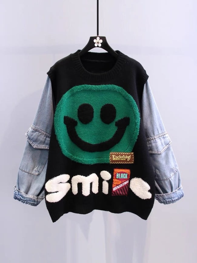 Wholesale Smiley Denim Panel Sweater