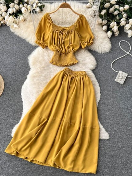 Wholesale Square Neck Puff Sleeve Skirt Two Piece Set