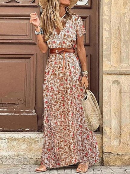 Wholesale Wholesale Vintage Print With Belted Dress