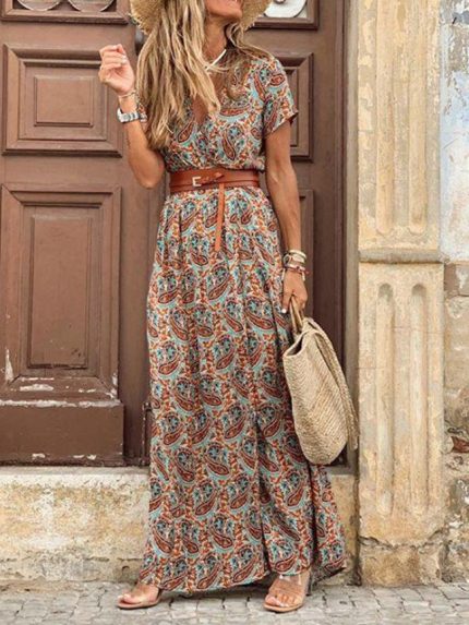 Wholesale Wholesale Vintage Print With Belted Dress