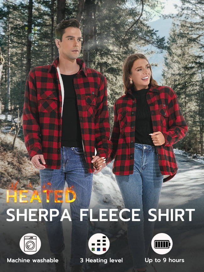 Womens 5V Battery Heated Insulated Sherpa Plaid Fleece Shirt 2