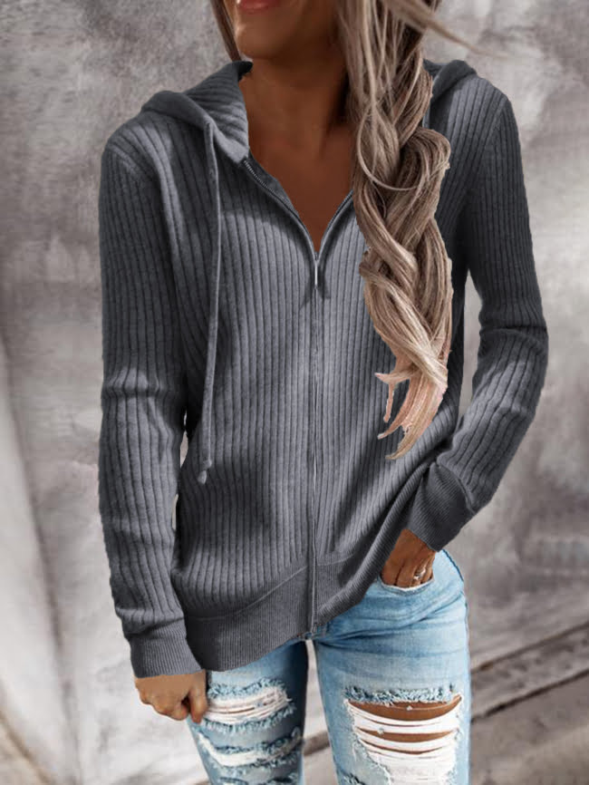 Zipper Dropped Sleeve Hooded Solid Sweater 6