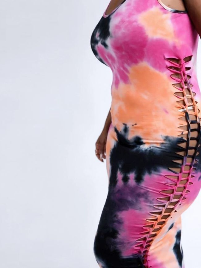 digital printing tie dye sleeveless dress 6