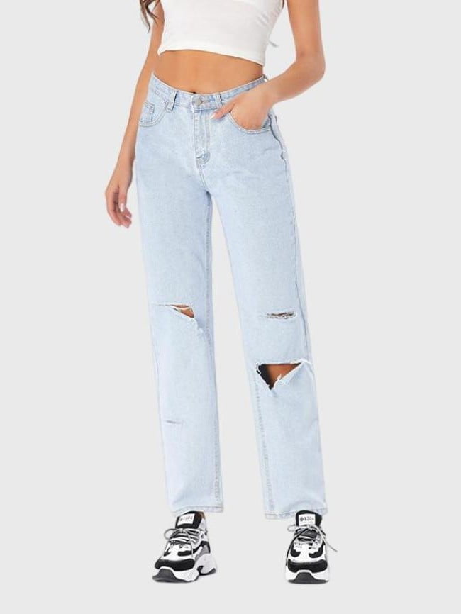 high waist ripped straight denim jeans
