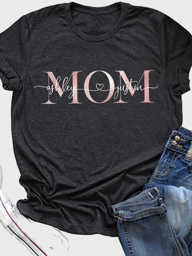 Solid color MOM letter print T-shirt