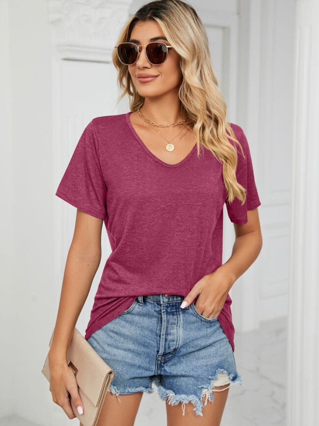 Wholesale Plain V-neck Short Sleeved Casual T-shirt