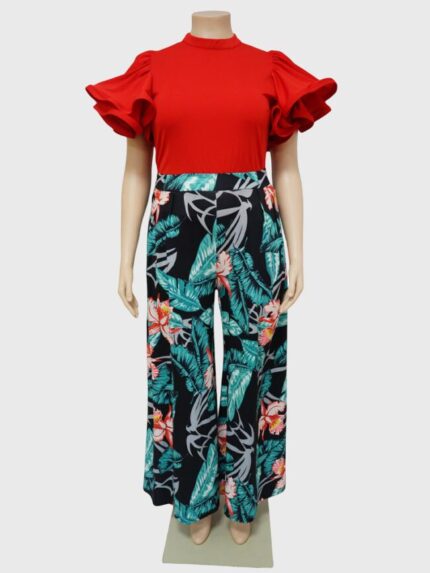 Wholesale Plus Printed Ruffle Sleeve Two-Piece Set