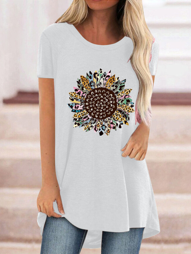 Wholesale Round neck sunflower print T-shirt