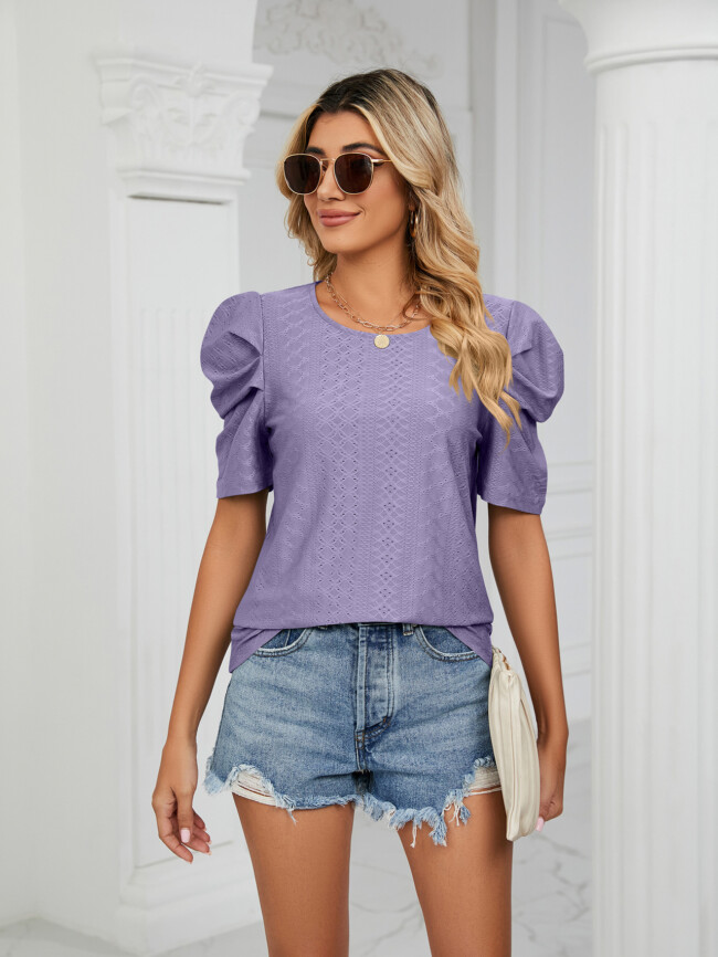 Wholesale Solid Color Round Neck Pleat Sleeve T-Shirt