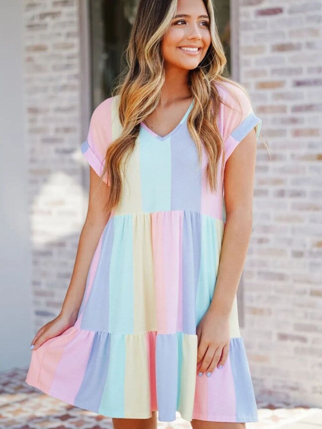 Wholesale V-neck color contrast short sleeve dress