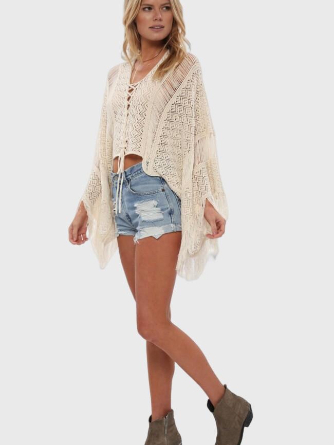Wholesale V-neck fringed knitted bikini beach blouse