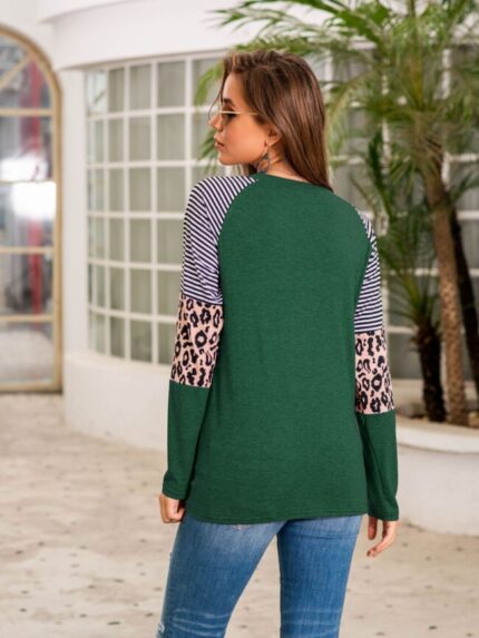 Wholesale Striped Leopard Stitching Round Neck Top T-Shirt