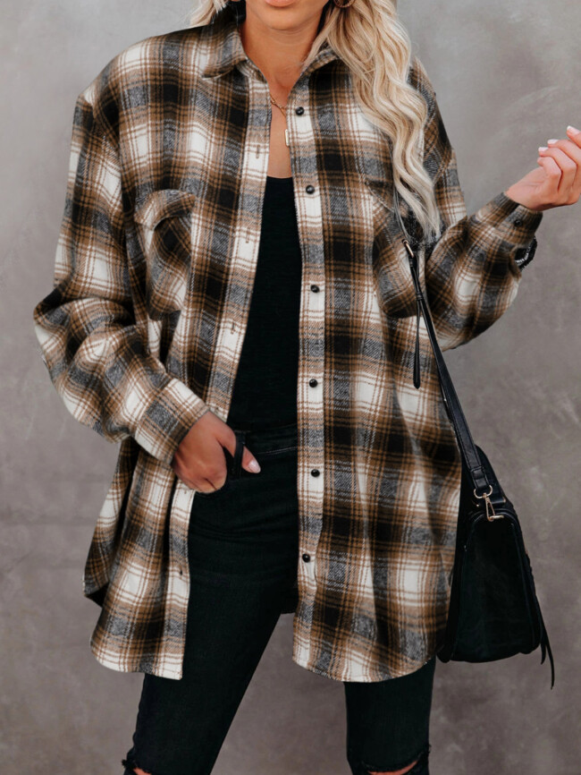 Wholesale Lapel Button Plaid Loose Shirt