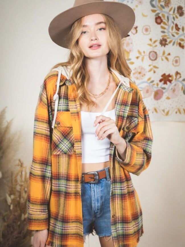 Wholesale Plaid Hooded Long Sleeve Jacket