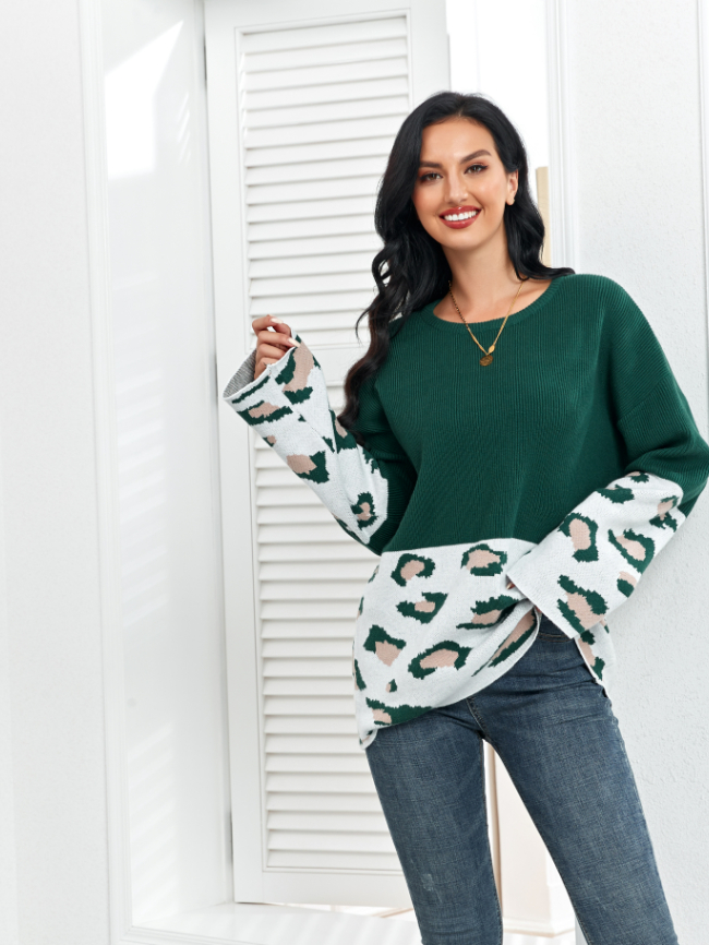 Wholesale leopard print color block sweater